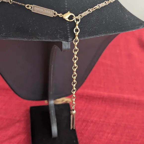 JAN MICHAELS San Francisco Long Artisan Brass Black Stone Necklace Art Deco - Picture 4 of 7